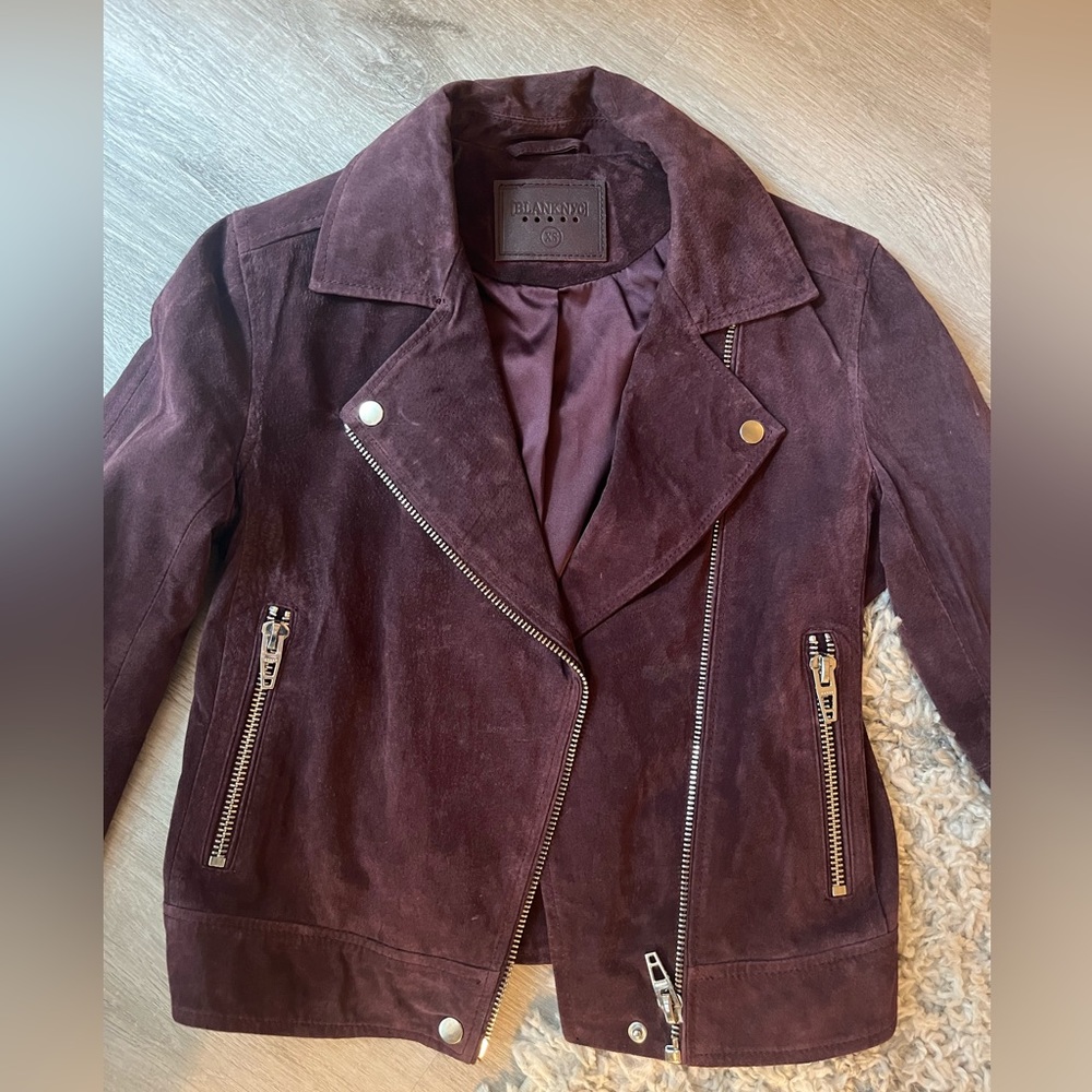 BlankNYC suede moto jacket, color purple. Size XS